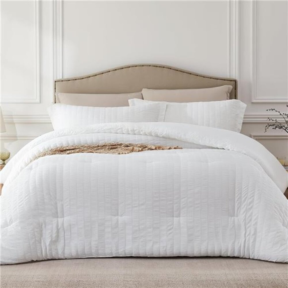 White Queen Comforter Set - 3 Pieces Seersucker Lightweight Bedding Comforter